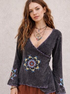 Rising International Y2K Boho Embroidered Faux Wrap Top M